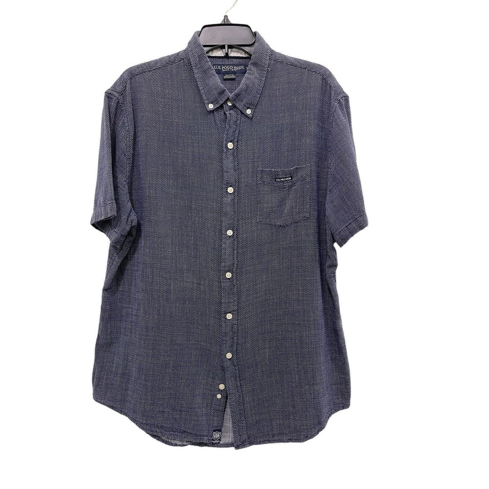 U.S. Polo Assn. Short Sleeve‎ Button Down Cotton Blue With White Polka Dot XL